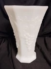 Vintage White Milk Glass Vase, Grapevine Leaf Design 7" Tall,  4.5" Diameter