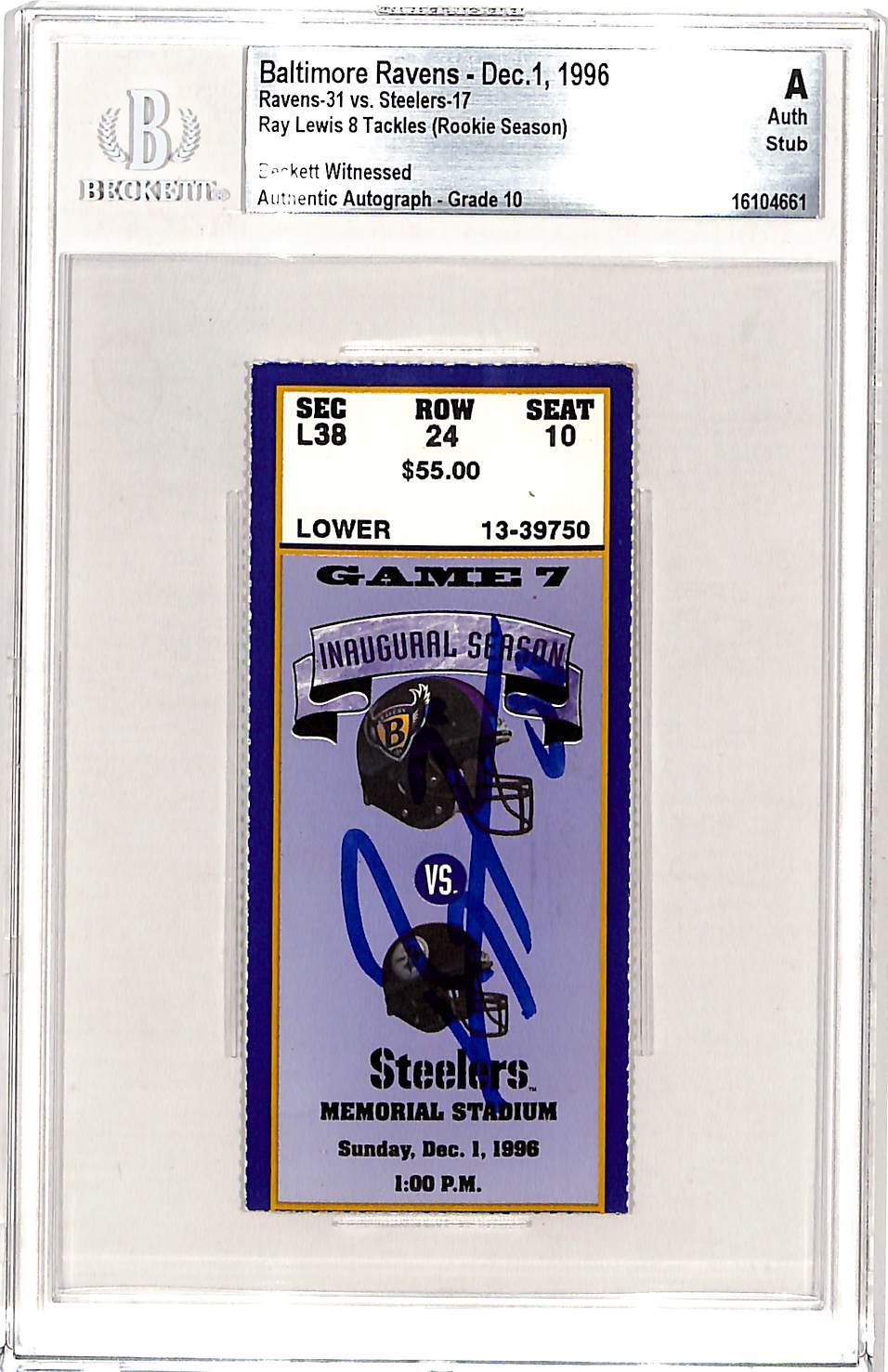 Ray Lewis Autographed Signed Baltimore Ravens 12/01/96 Ticket Stub Slab Beckett 
