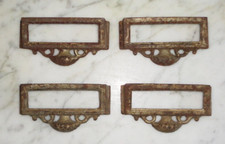4 Antique Victorian Label Cast Iron Metal Bin Drawer Pulls