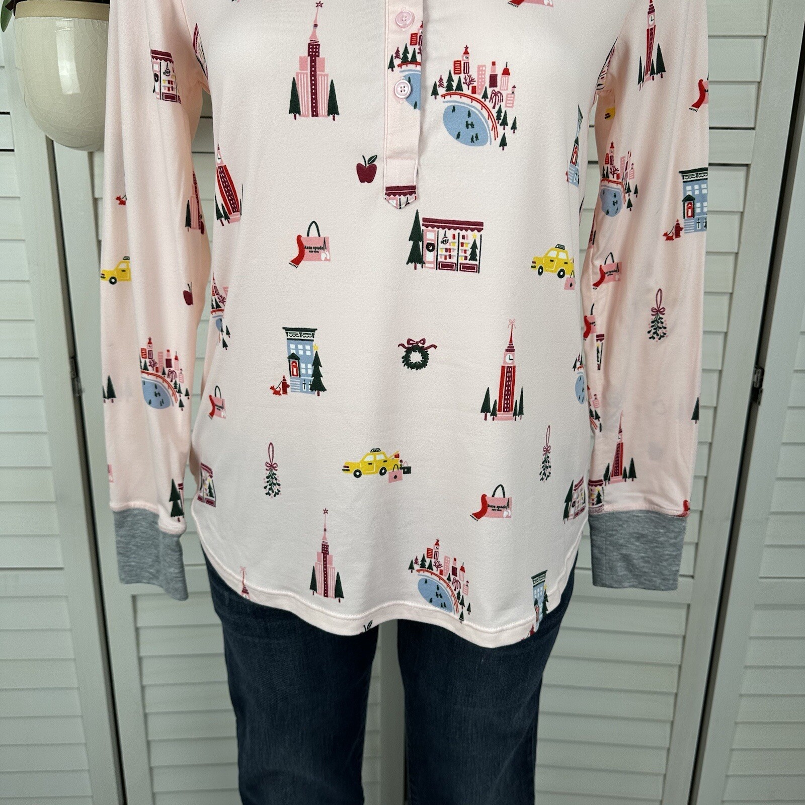 Kate Spade New York Pink Christmas Pajama Top Button Henley Long Sleeve Size XS thumbnail 3