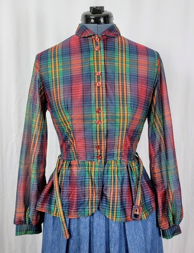 Top vintage con botones peplum a cuadros multicolor pernos con cinturón talla 11 - Imagen 18 de 22