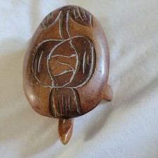 Hand Carved Brown Wooden Turtle Tortoise Wood Shell Lid Trinket Box 6x4 inch
