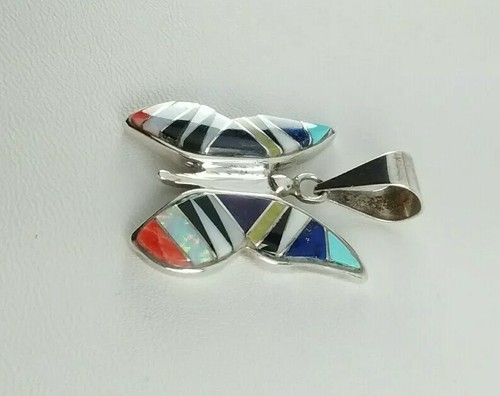 Vintage Navajo Calvin Begay Sterling Silver Multi-stone Inlay Butterfly Pendant - Picture 5 of 9
