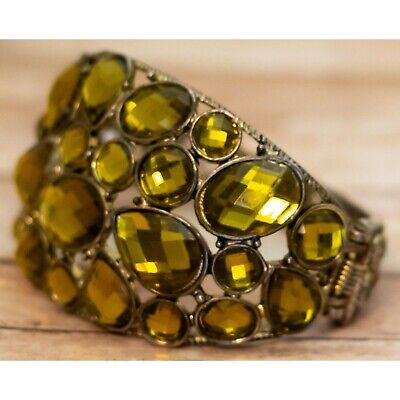 7 inch, Vintage Yellow Gems Silver Tone Intricate Hinge 7 inch, Vintage Yellow Gems Silver Tone Intricate Hinge