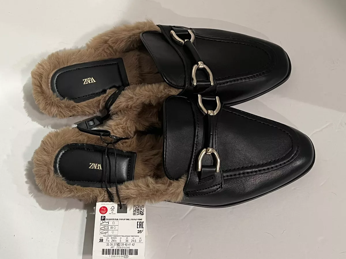 NWT ZARA Black Leather Slip On Mules Faux Fur Shoes Sz 7 1 2 Women