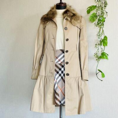 BURBERRY BLUE LABEL Trench Coat Camel Nova Check Fox Fur
