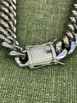 Men's Miami Cuban Chain 14k White Gold Plated Stainless Steel 14mm Silver 925 CZ