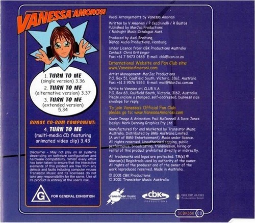 VANESSA AMOROSI - TURN TO ME CD AUS - 4 TRACK ANIMATED VIDEO - Picture 2 of 2