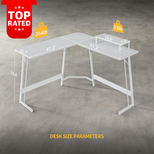 L Shaped Gaming Desk 47 Inch Computer Desk with Monitor Stand Corner Table White - Picture 3 of 12