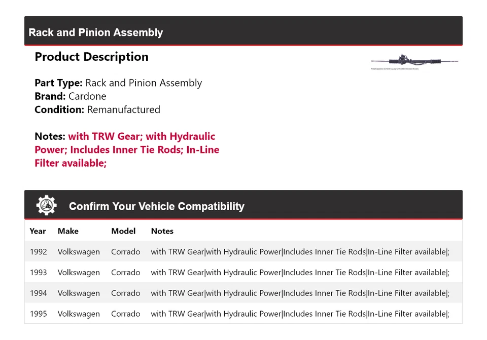 Para Volkswagen Corrado 1992-1995 montaje de piñón y cremallera Cardone 1993 1994 Foto 2 de 4