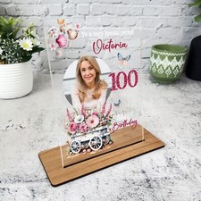 100th Birthday Gift Pink Floral White Cart Photo Custom Personalised Gift Plaque