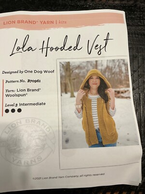 LION BRAND WOOLSPUN Lola Hooded Vest Knitting Pattern + YARN Kit