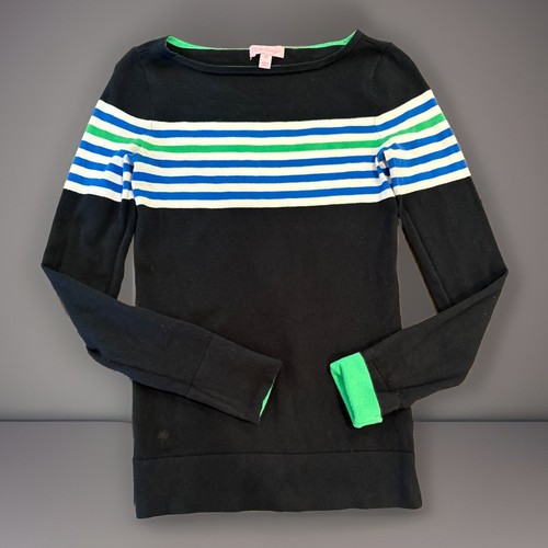 Lilly Pulitzer Maria Pullover XS U-Boot Ausschnitt Streifen schwarz blau grün leicht
