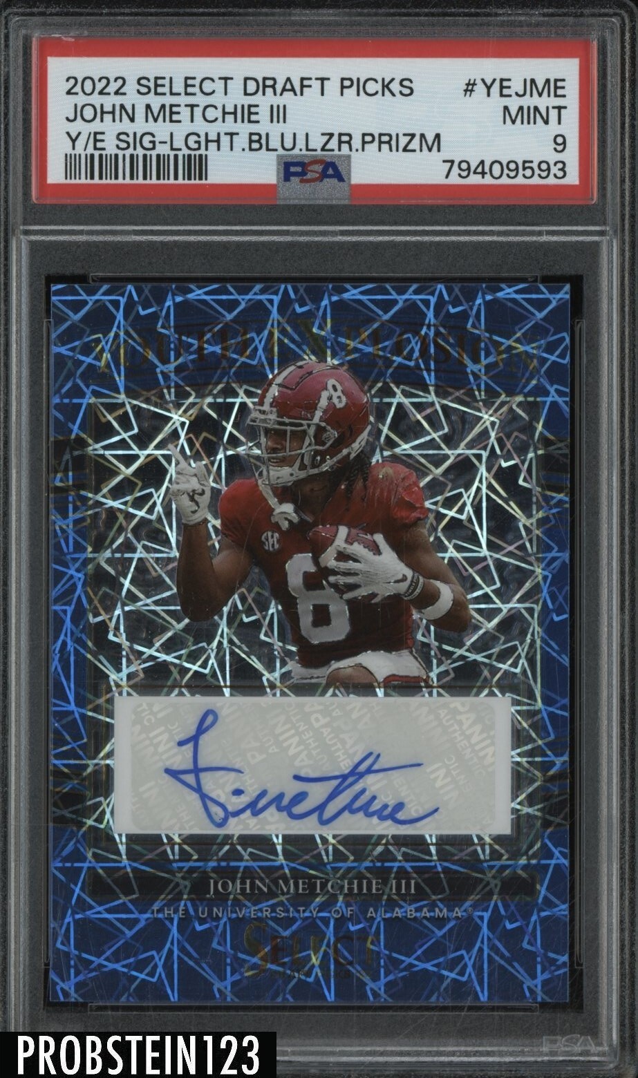 John Metchie Panini Select Draft Picks Youth Explosion Signatures #YEJME Light Blue Lazer Prizm