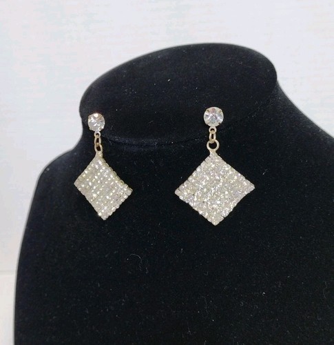 Rhinestone Silver Tone SquarePierced Dangle Earring Wedding Fashion Jewelry