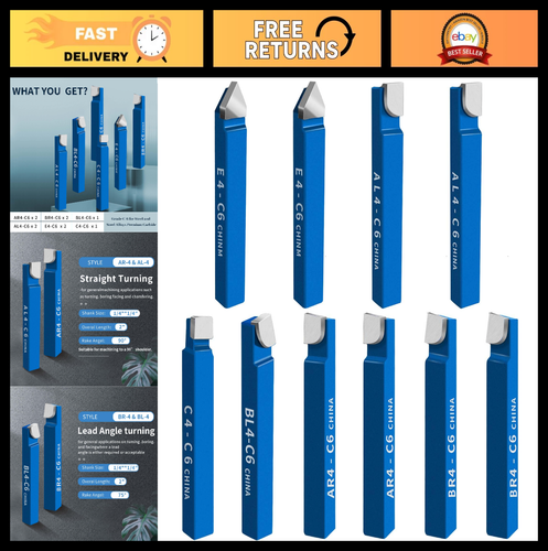 10PCS 1/4" Carbide Tipped Cutter Tool Set for Metal Lathe Turning & Boring - Foto 1 di 9