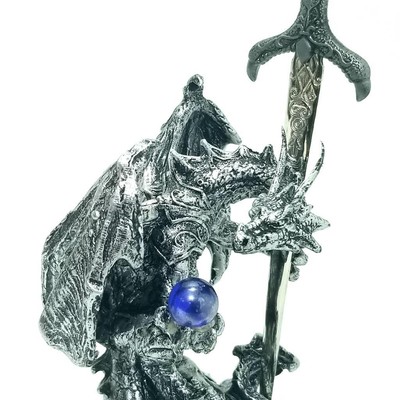 George S. Chen - 6 1/2'' Black & Silver Dragon w/ Sword - Fantasy Figurine
