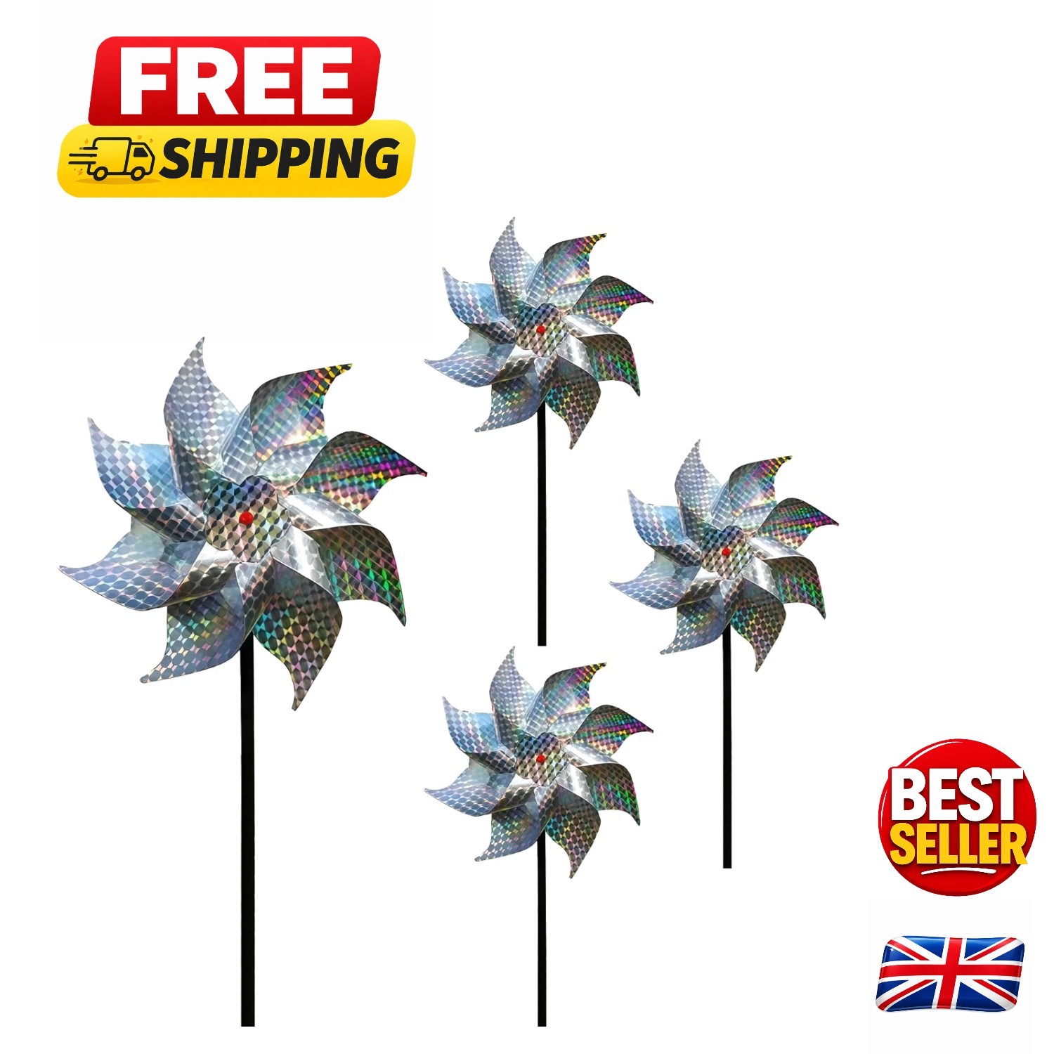4 Pack Reflective Bird Deterrent Spinners, Windmill Pinwheels - Wind Driven S...