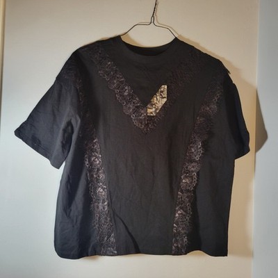 ICHI Women s Top Short Sleeves Lace Accent Top Black Size Small NWT