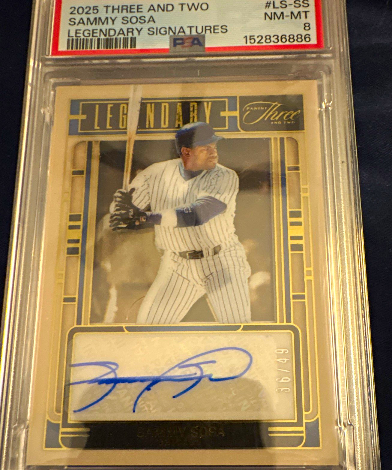 2025 Panini Three and Two Legendary Signatures Sammy Sosa LS-SS Auto /99 PSA 8