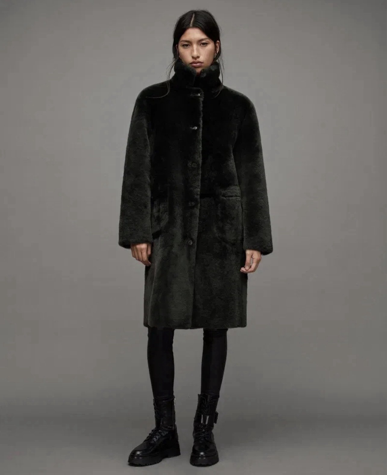 All Saints Serra Reversible Shearling Coat Sycamore Green Medium NWT image 3
