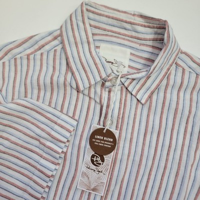 Panama Jack Mens Med Linen Blend Striped Short Sleeve Button Down Shirt Blue Red