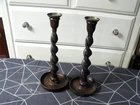 19th Century Antique 13" Carved Wooden Barley Twist Candlesticks with Bronze