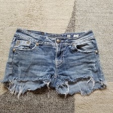 Miss Me Jean Shorts Sz 27 Distressed Denim Cut-Off Bling Flap Pockets Frayed Hem