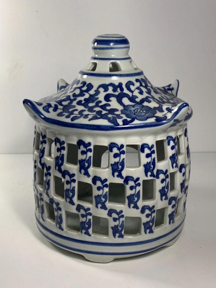 Винтажный сине-белый фарфоровый подсвечник для птичьей клетки Chinoiserie 8,5 дюйма - Изображение 4 из 4