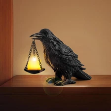 Gothic Raven Lamp Tealight Holder Black Crow Candle Halloween Table Decoration