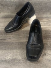 ECCO Light Pumps Square Toe Heels Leather Loafers Womens 39 8-8.5 Black