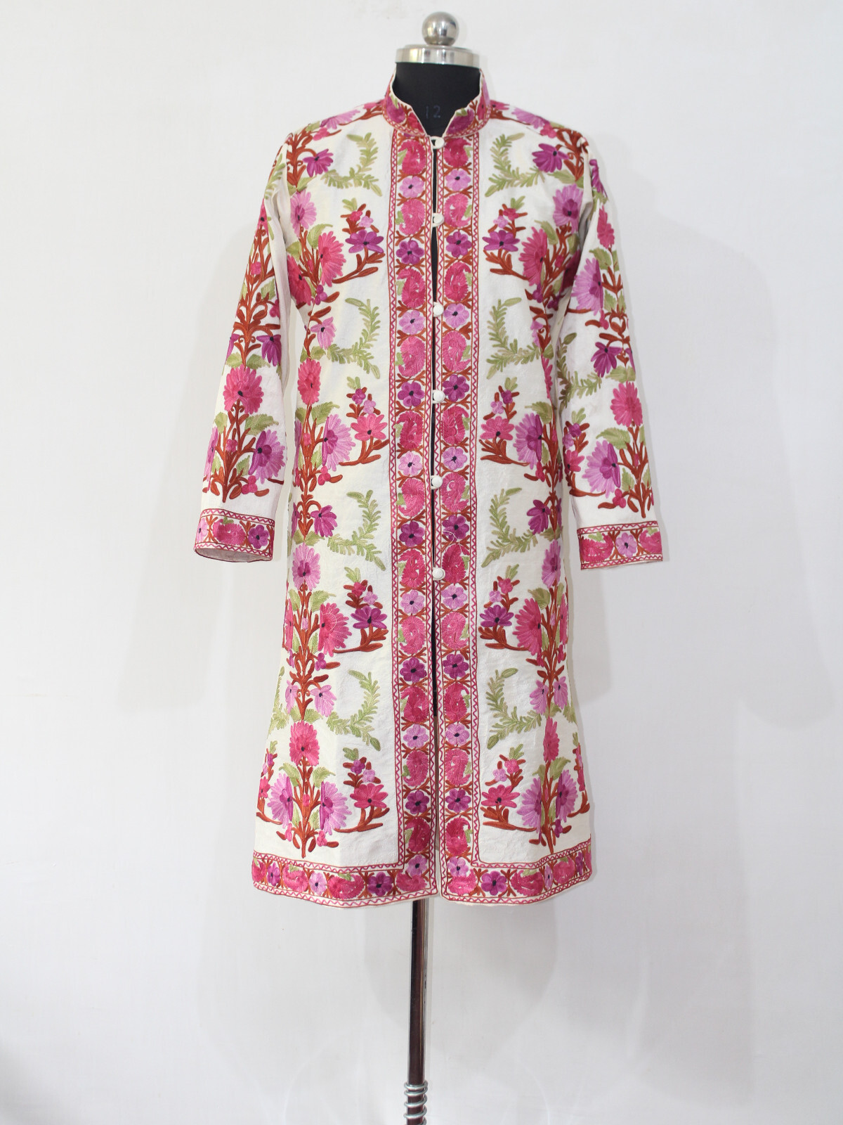 Aari Embroidered Silk Kashmiri Long Coat For Women, Summer Coat