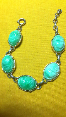 VINTAGE SCARAB molded FAUX APPLE GREEN JADE LINK BRACELET NICE!