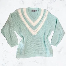 Vintage 80s Tarazzia Teal & White Fuzzy Oversize Knit Sweater Sz L