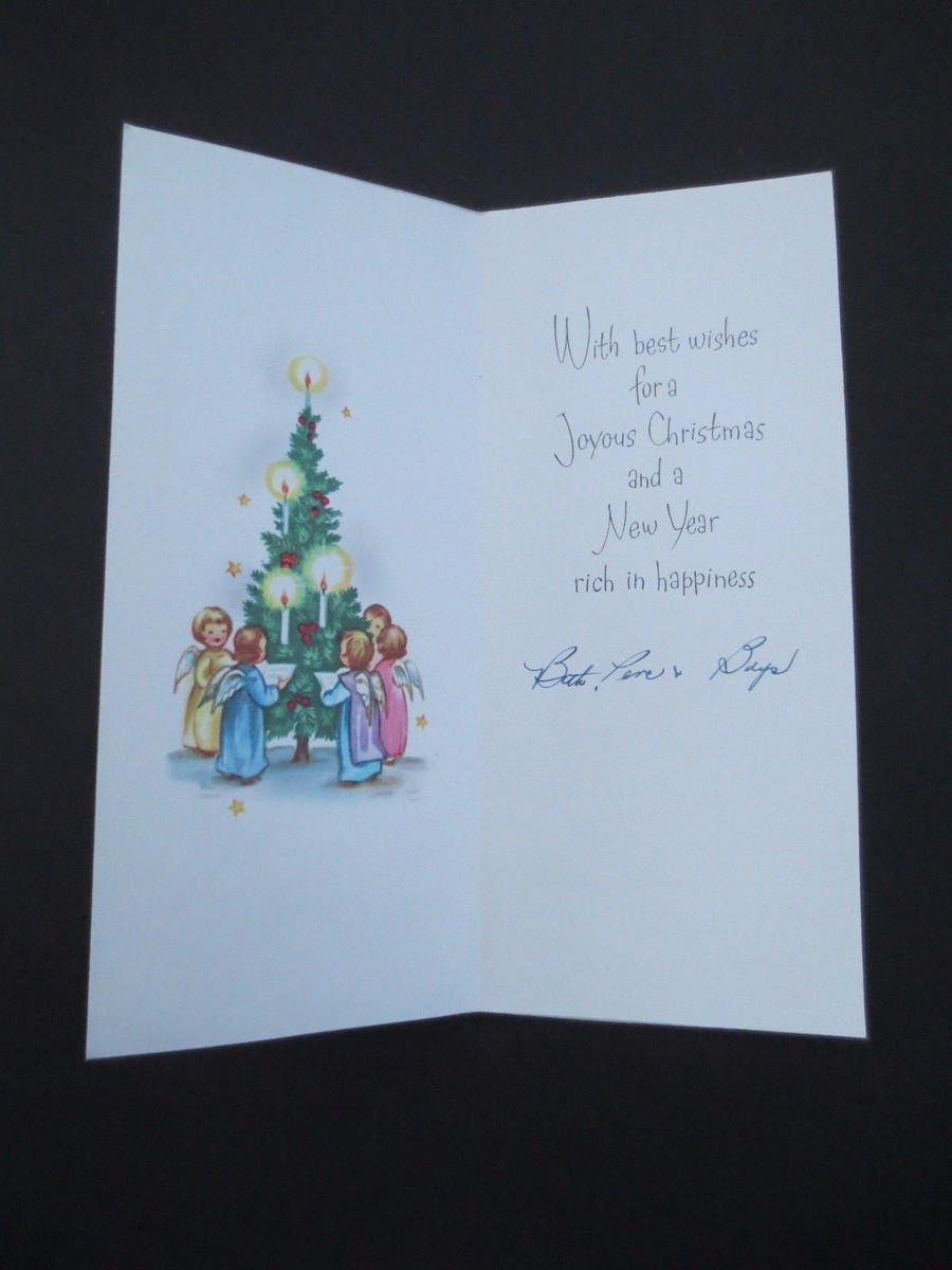 L141- Vintage Glittered Xmas Greeting Card Sweet Angels