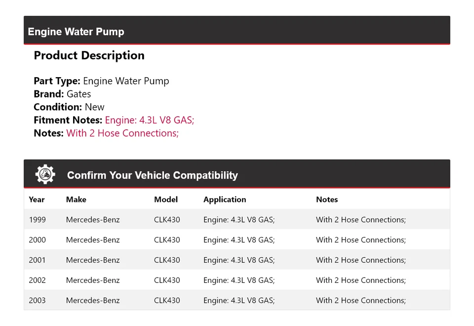 Para Mercedes-Benz CLK430 1999-2003 4,3 L V8 Motor Gas Bomba Agua Puertas 2000 2001 Foto 2 de 4