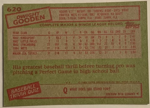 Topps Dwight Gooden Rookie RC 1985 #620 New York Mets Ex/Sin precio base - Imagen 2 de 2