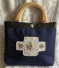 Vintage Handbag Blue Jean Denim Beaded Shells Wood Handles Boho Beach By Mangos