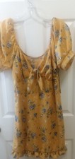 Liberty Love Womens Dress Puff Sleeve Tie Front Yellow Floral Sz L Babydoll NWT