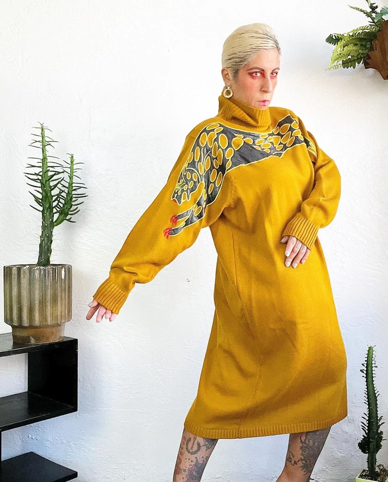 VANNA WHITE R&K Originals 80’s 80s Vintage Leopard Turtleneck Sweater Dress L Xl - Image 4 of 4