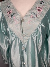 Vtg 2 Pc Pajama Set Aqua Sears Cachet 34 Embroidered Pearl Buttons Ruffle Cuffs