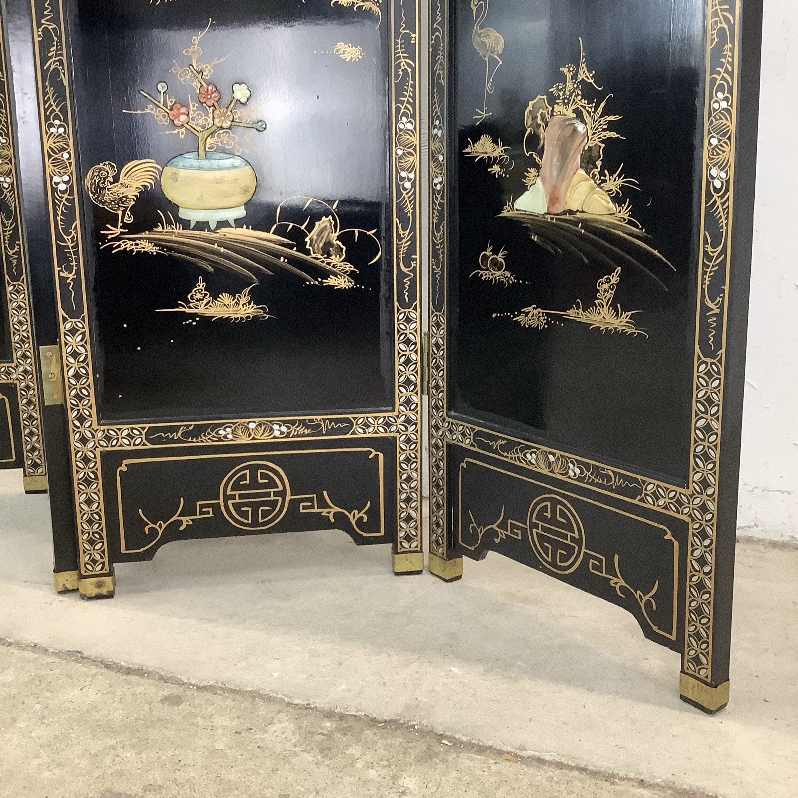 Vintage Black Lacquer Chinoiserie Folding Screen