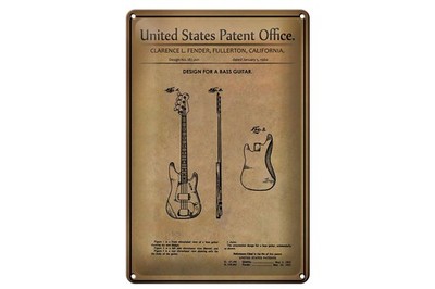 Blechschild Patent 20x30 cm Entwurf für eine Bass-Gitarre Deko Schild