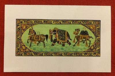 Rajasthani Miniature Painting, Elephant, Horse & Camel on Cloth - Art of Udaipur