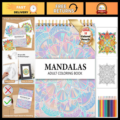 Mandala Coloring Book for Adults - 41 Unique Patterns, 12 Colored Pencils, Thick