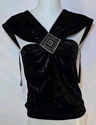 Double Zero 90's Black Velvet Rhinestones Embellished Top. Small. 1 Stone Missin