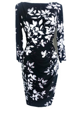 Chaps 3/4 Sleeve Side Pleated Women's Sheath Dress Size L/G Floral Stretch