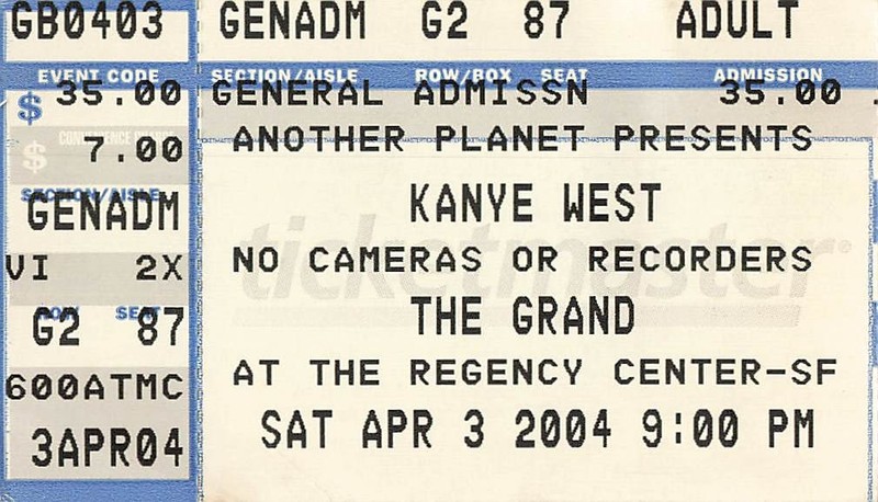 Vintage Kanye West Ticket Stub The Grand Regency Center San Francisco 4/3/2004