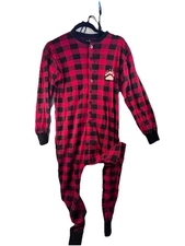 LAZY ONE Red Plaid 100% Cotton Union Suit 1 Pc Pajama Unisex Small Bear Cheeks