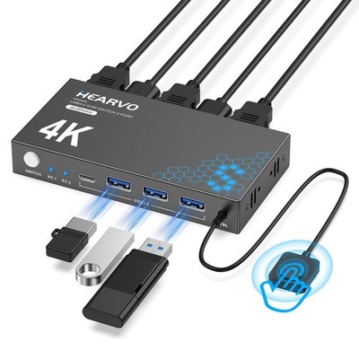 Hearvo USB 3.0 HDMI KVM Switch 1 Monitors 2 Computers, 4K@60Hz Black